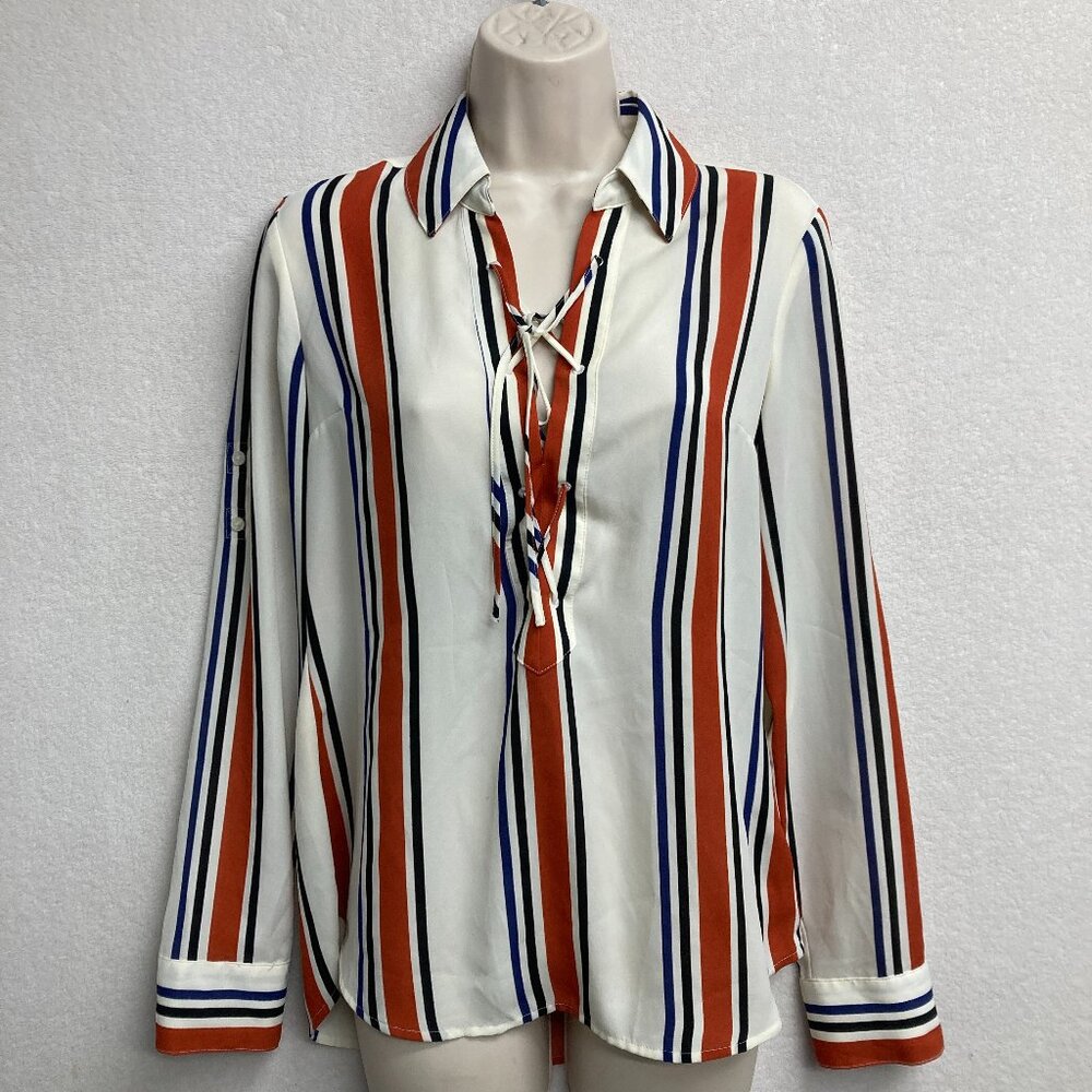 Express Orange Blue Striped Ladies Lace Up Blouse - Size S/P